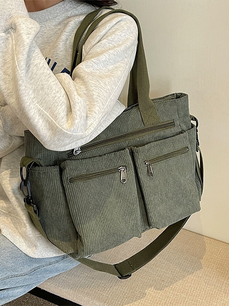 torba typu tote vintage z kordu z wieloma kieszeniami na suwak - swobodna torebka damska 2025 - $26.99 –P5