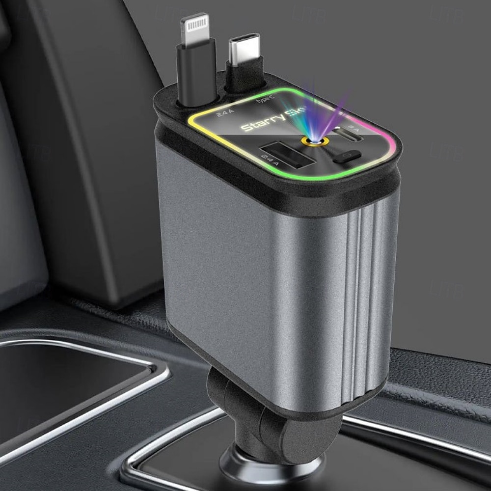 4-in-1 Car Charger Starry Sky Atmosphere Light Car Super Fast Charging Flash Charging Telescopic Cable Type-C & Lighting 2025 - $36.99 –P1