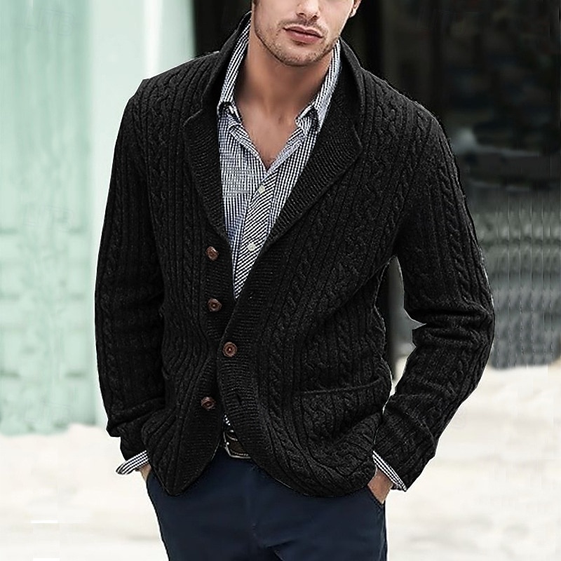 Men's Cardigan Sweater Knit Sweater Cable Knit Regular Button Up Side Pockets Solid Color Lapel Fashion Classic Daily Wear Date Clothing Apparel Fall & Winter Black Blue M L XL 2025 - $41.99 –P8