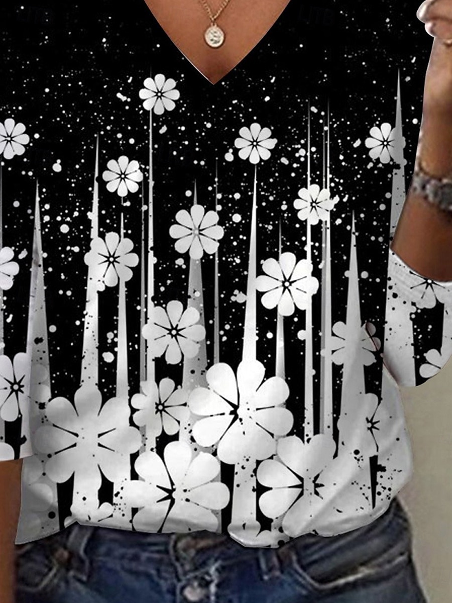 Women's Tunic T Shirt Fashion Casual Print Long Sleeve Regular Tops V Neck Daily White Spring Fall 2025 - $22.99 –P3
