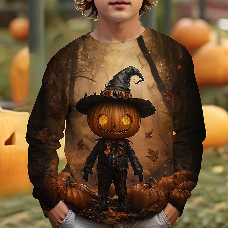 Chico 3D Graphic Caricatura Calabaza Camiseta Manga Larga Primavera Otoño Moda Básico Niños 4-12 años Cuello Barco Exterior Casual Diario Ajuste regular 2025 - $14.49 -P1