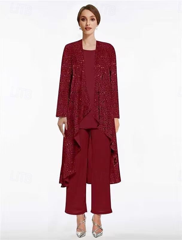 Strand Bröllop Byxdress Byxdress 3 Delar Mor till Bruden Bröllop Gäst Elegant Rundad Hals Golvlängd Chiffon Spets Ärmlös Wrap Inkluderad med Pärla 2025 gratis anpassad storlek 2025 - $179.99 –P7