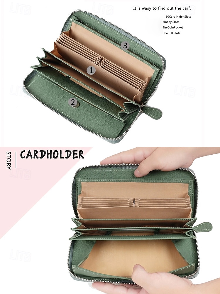 Women's Wallet Credit Card Holder Wallet Leather Cowhide Outdoor Office Shopping Zipper Multiple pockets Large Capacity RFID Blocking Solid Color Black Pink Blue 2025 - $34.99 –P1