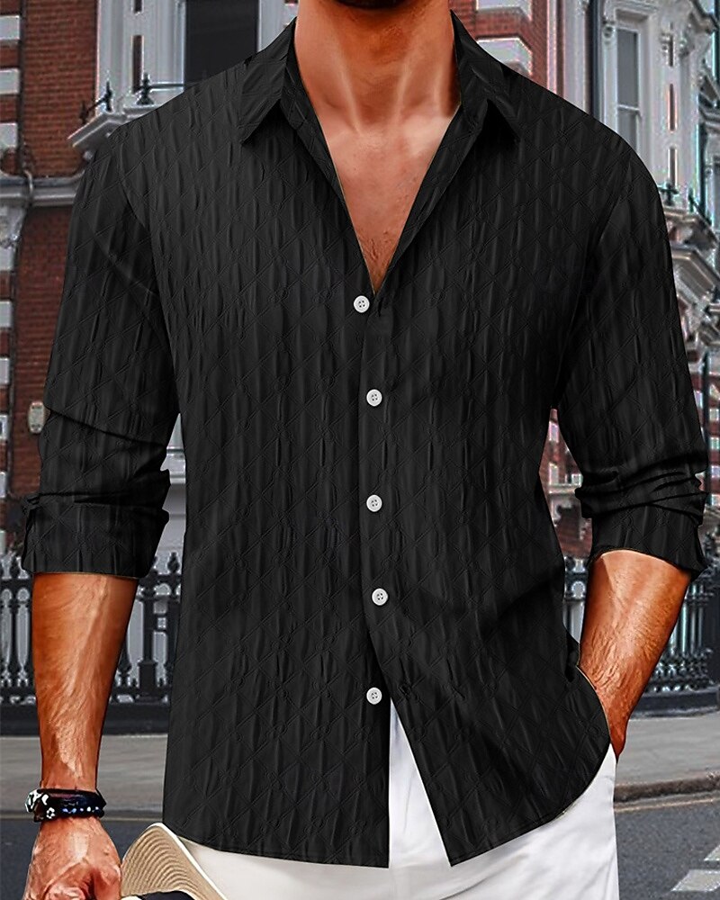 Men's Shirt Summer Shirt Casual Shirt Beach Shirt Button Up Shirt Black White Navy Blue Blue Green Short Sleeve Plain Lapel Vacation Hawaiian Jacquard Clothing Apparel Polyester Fashion Casual 2025 - €23.99 –P6
