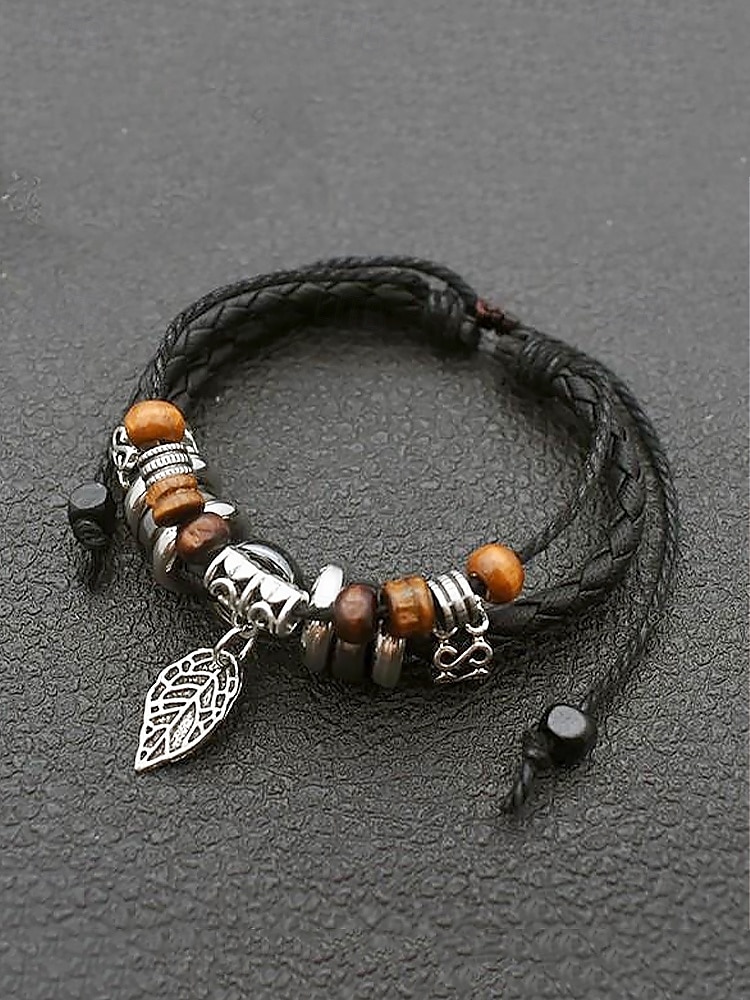 Men's Vintage Faux Leather Charm Bracelets with Wooden Beads and Silver Leaf Pendants - Bohemian Handmade Wristbands for Casual Wear 2025 - $8.99 –P7