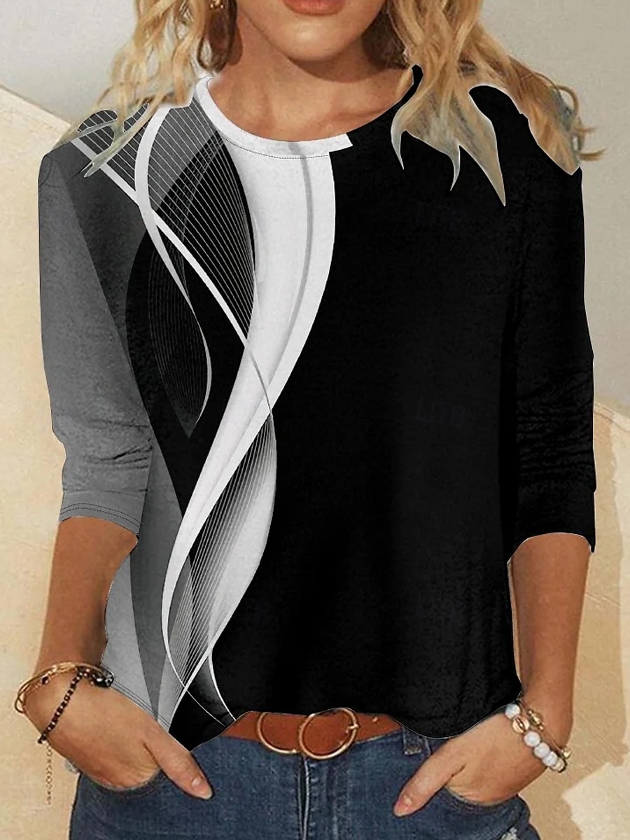  női tunika T póló divatos laza nyomott hosszú ujjú normál felsők crew neck napi fekete tavasz ősz 2025 - $22.99 –P2