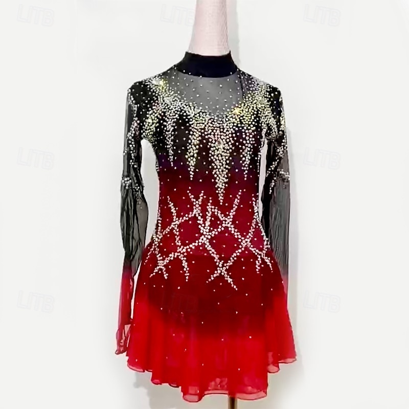 Kunstschaatsjurk Dames Voor meisjes Schaatsen Jurken Zwart / rood Lapwerk Netstof Hoge Elasticiteit Opleiding Wedstrijd Kunstschaatskleding Klassiek Kristal / Bergkristal Lange mouw Schaatsen 2025 - $174.99 –P3