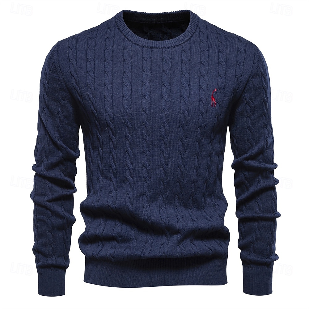 maglione da uomo in cotone con ricamo giraffa, girocollo, classico pullover lavorato a maglia con motivo a torsione per uomo del 2025 a $41.99 –P8