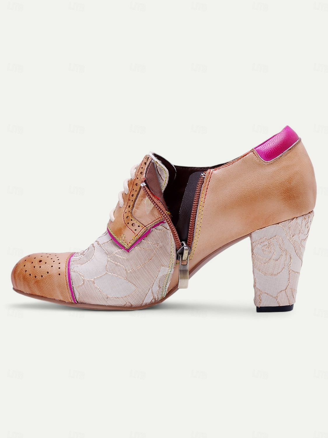 Scarpe Oxford con tacco a heeled lace-up floreali vintage Gatsby - design brogue in pelle con accenti rosa per stili retro e chic del 2025 a $89.99 –P4