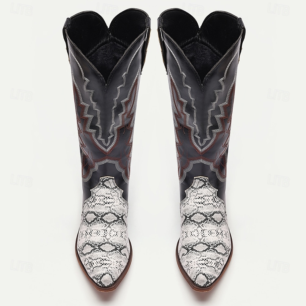 bottes de cowboy western pour hommes – similicuir noir avec accents d'imprimé serpent, détails brodés et talon bottier, parfaites pour le rodéo, les événements country et les tenues décontractées de 2025 ? $69.99 –P2