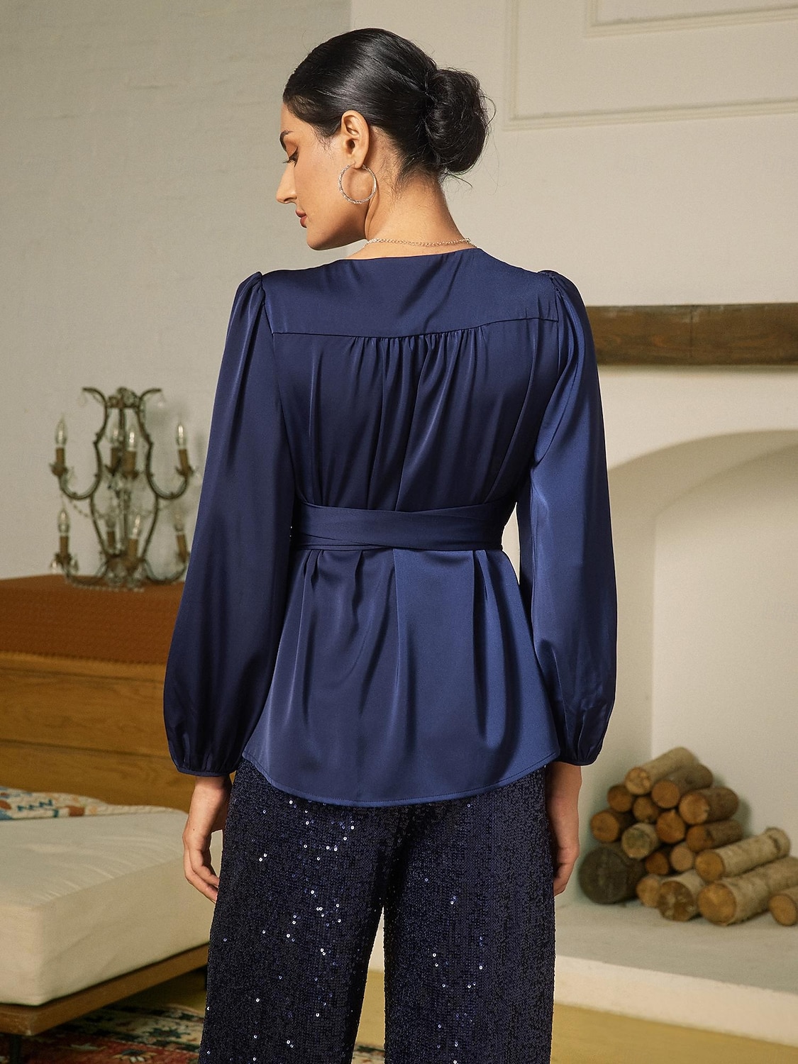 μπλούζα σατέν μασίφ casual juliet μανίκι γραβάτα μπροστά 2025 - $72.99 –P4