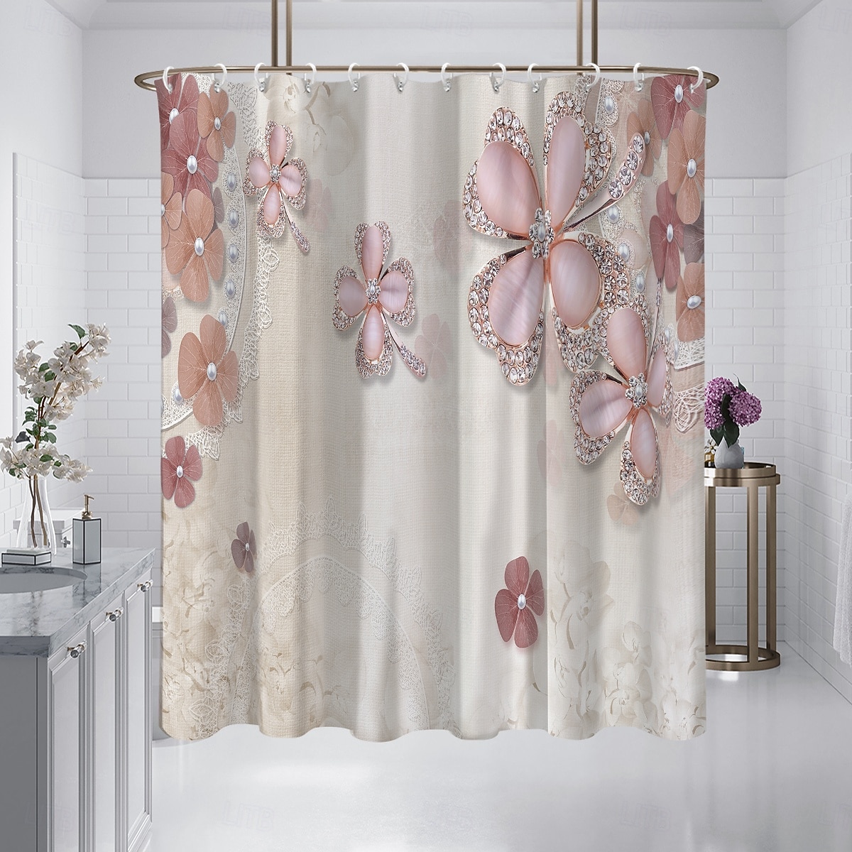 2026年 フック付きシャワーカーテン180cm*180cm(70"*70")ポリエステル洗濯可能防水パターンバスルームバスタブデコジュエリーフラワー  コレクション – $30.99 –P6