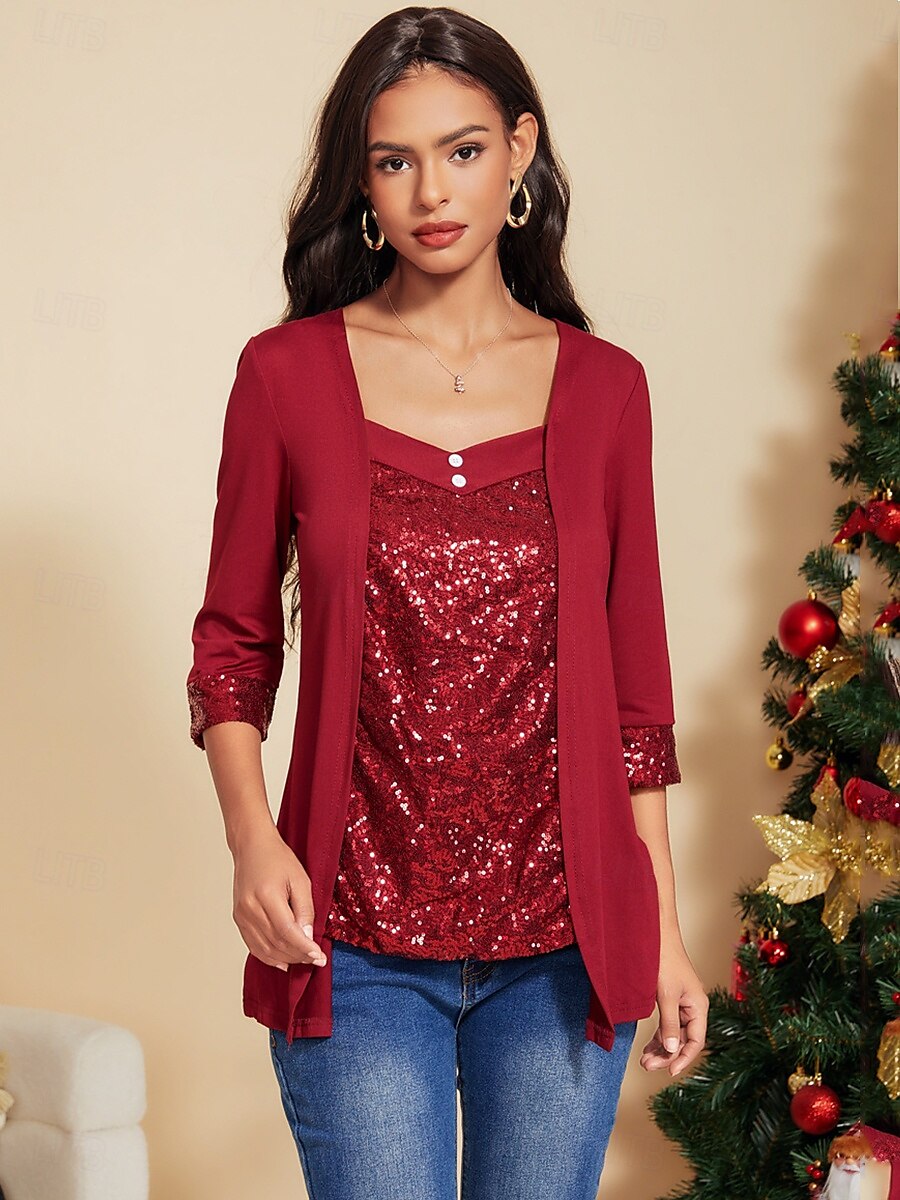 Damen Tunika Bluse einfarbig Alltag Casual Langarm V-Ausschnitt rot Frühling Herbst 2025 - $24.99 –P4