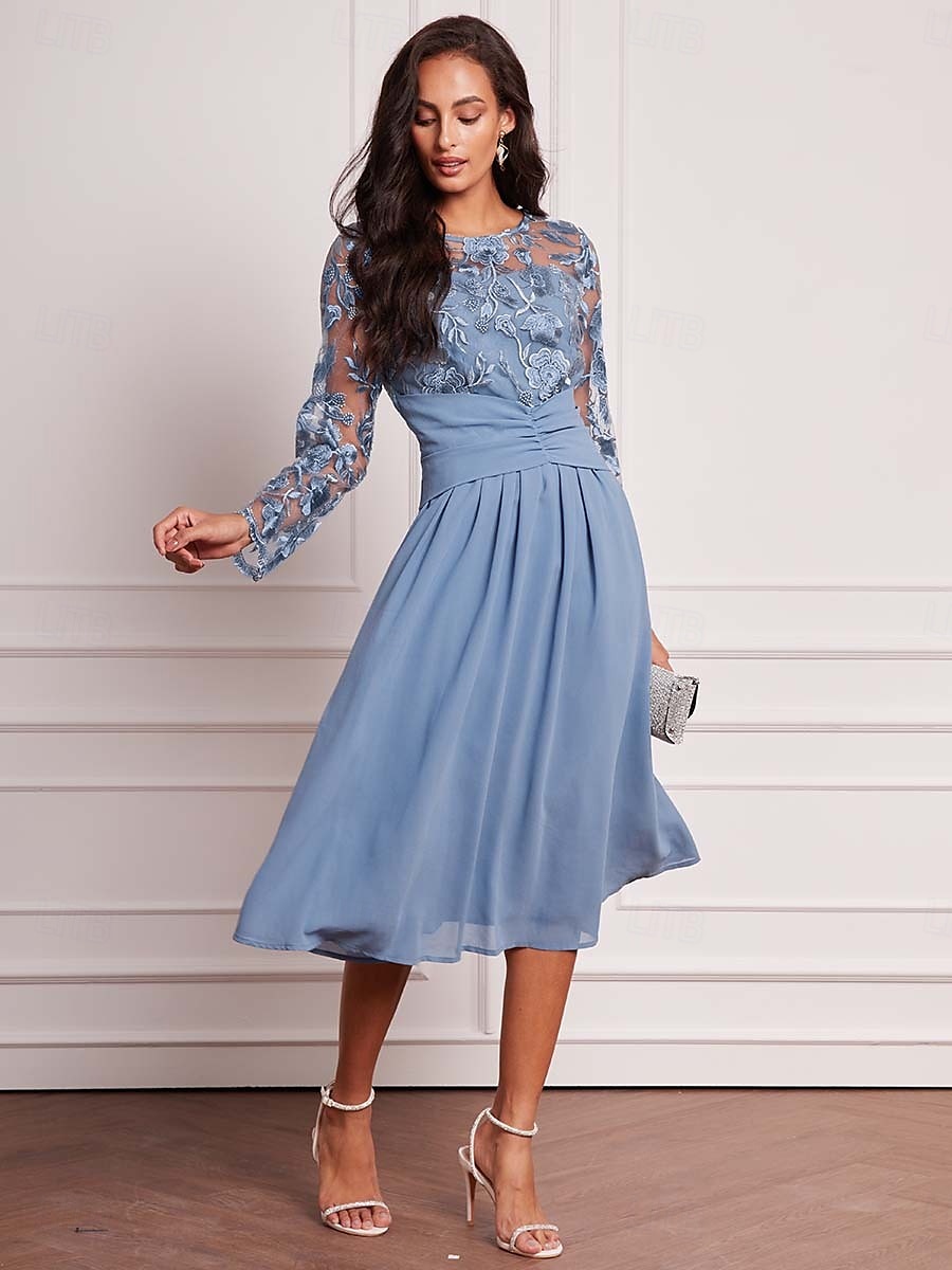 Damen-Hochzeitsgastkleid, Vintage-Kleid, Midikleid, gerüschtes Netz, elegante Cocktailkleider, lässig, Rundhalsausschnitt, lange Ärmel, blaue Farbe 2025 - $49.99 –P3