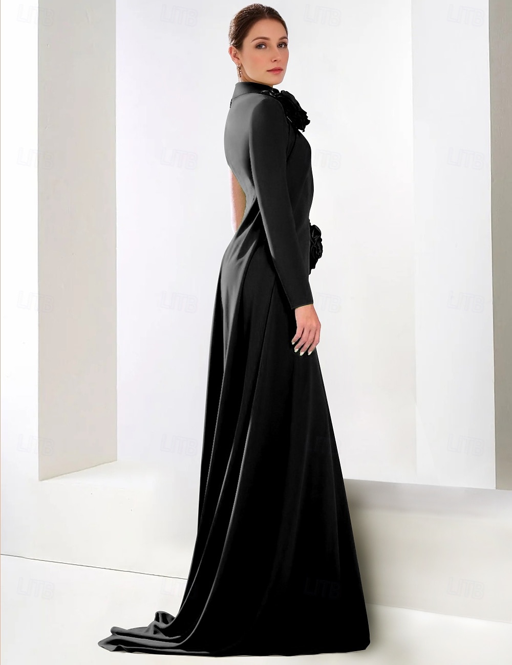 robe de soirée trapèze à cravate noire robe élégante formelle longueur au sol manches longues col haut crêpe extensible avec fleur à l'épaule 2025 de 2025 ? $171.99 –P2