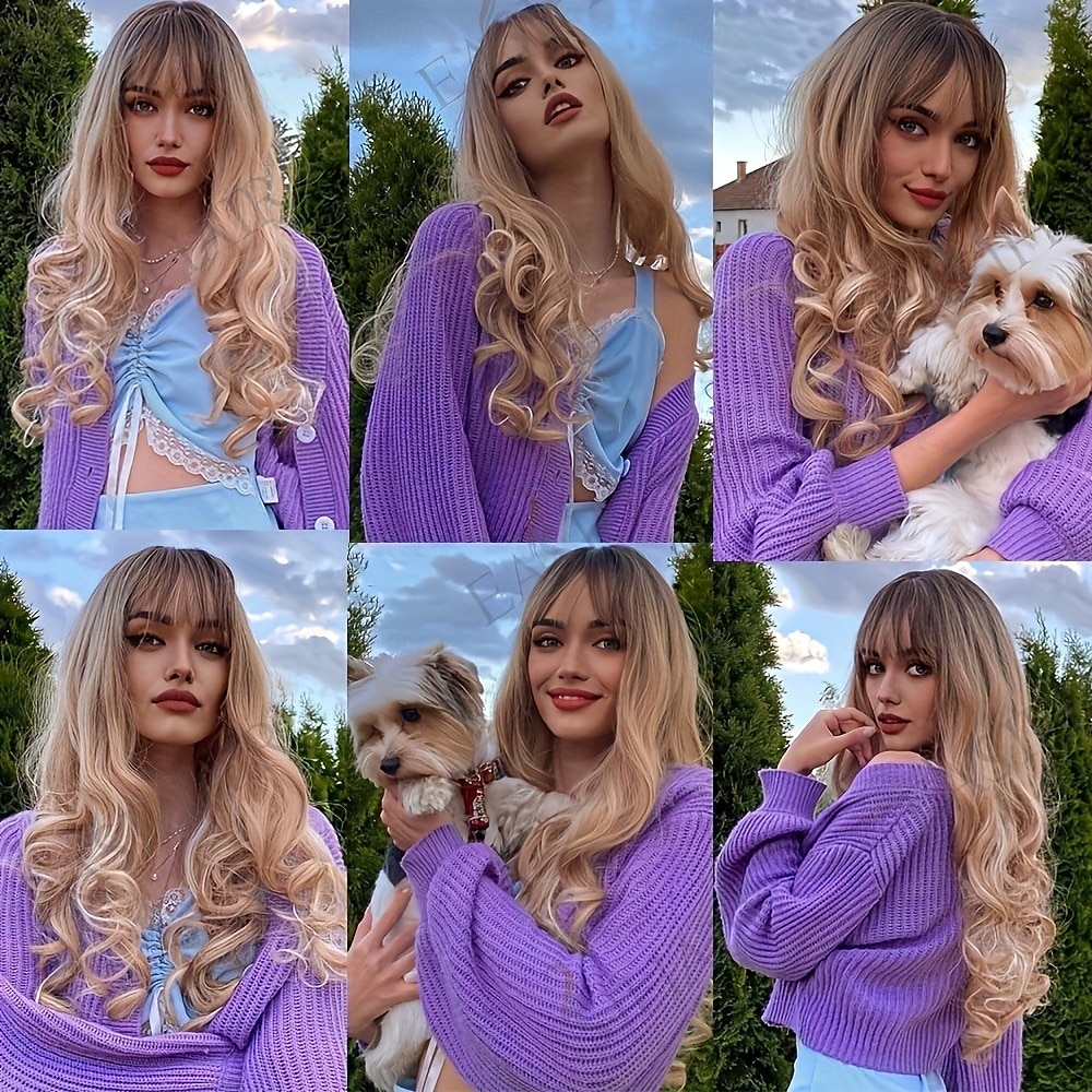 parrucche lunghe con radici scure, parrucca sintetica ondulata e sciolta con frangia per le donne, per feste quotidiane e cosplay del 2025 a $19.99 –P6