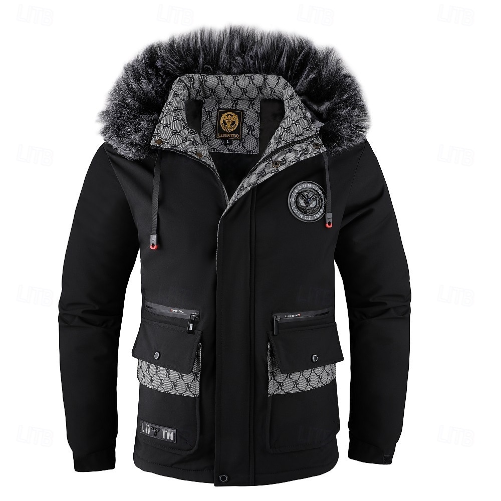 Herre Vinterjakke Sport Coat Turjakke Parkas Sport & Utendørs Camping & Vandring Vanntett Vindtett jakke Pelskanter Høst Vinter Helfarge Aktiv Med hette Normal Svart Hvit Jakker 2026 - $82.99 –P11