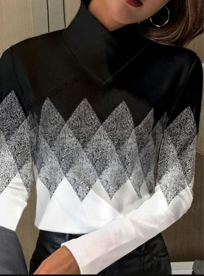 T-shirt tunica donne geometrica elegante maniche lunghe maniche a bolla asimmetrica quotidiana nero bianco rosa rosa polverosa autunno inverno del 2025 a $24.99 –P1