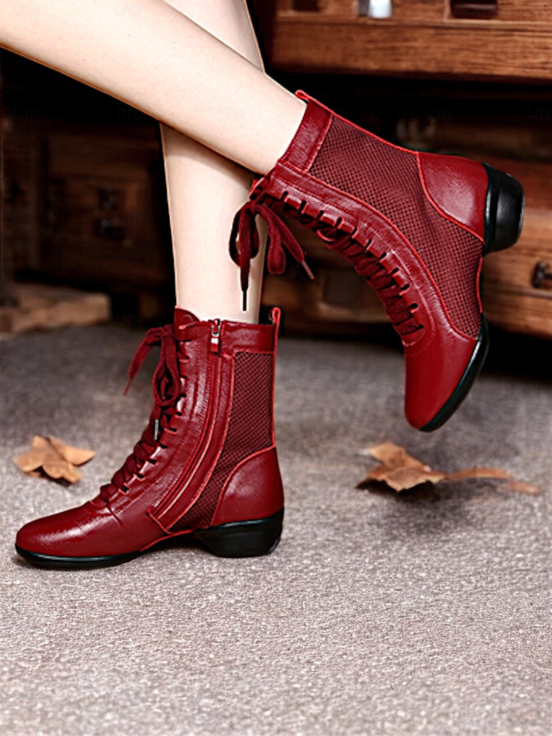 Women's Red Lace-Up Dance Boots with Mesh Panels and Low Heel, Ideal for Jazz, Ballroom, and Latin Dance Performances 2025 - $42.99 –P2