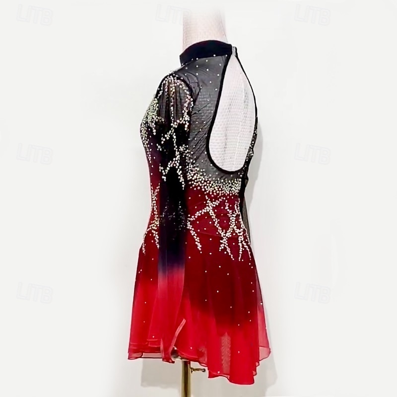 Kunstschaatsjurk Dames Voor meisjes Schaatsen Jurken Zwart / rood Lapwerk Netstof Hoge Elasticiteit Opleiding Wedstrijd Kunstschaatskleding Klassiek Kristal / Bergkristal Lange mouw Schaatsen 2025 - $174.99 –P6