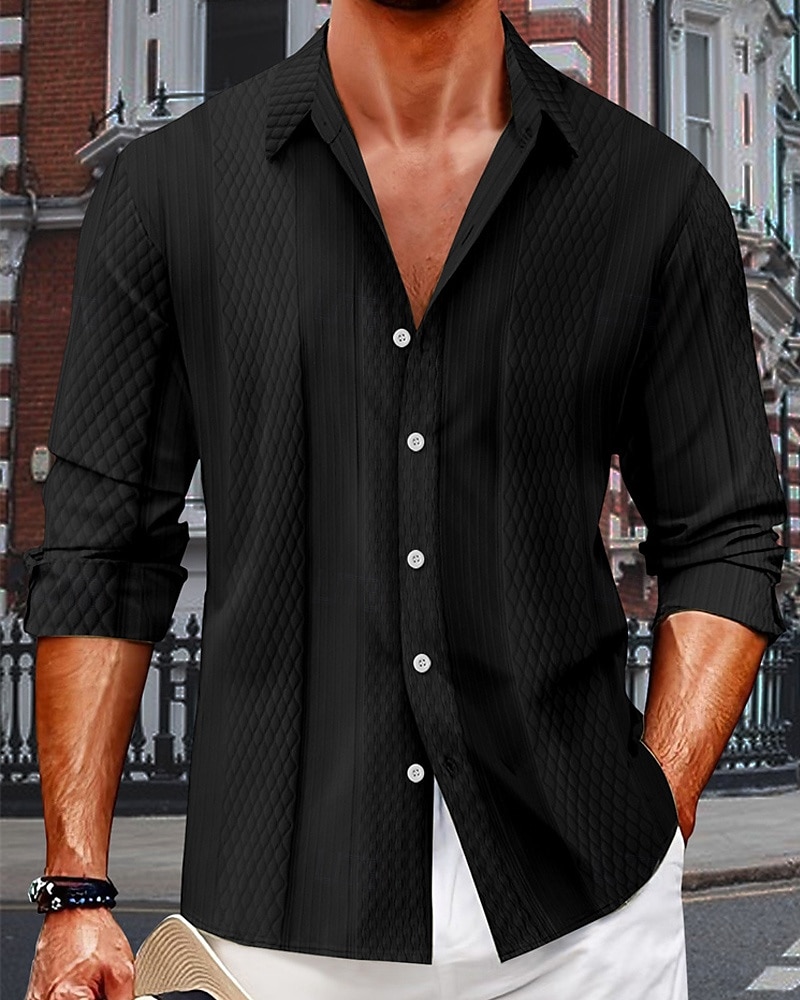 Voor heren Overhemd Zomer overhemd Overhemd met knopen Normaal shirt Strand hemd Zwart Marineblauw blauw Groen Beige Lange mouw Effen Revers Hawaii Feestdagen Jacquard Kleding Modieus Casual 2025 - $26.99 –P5