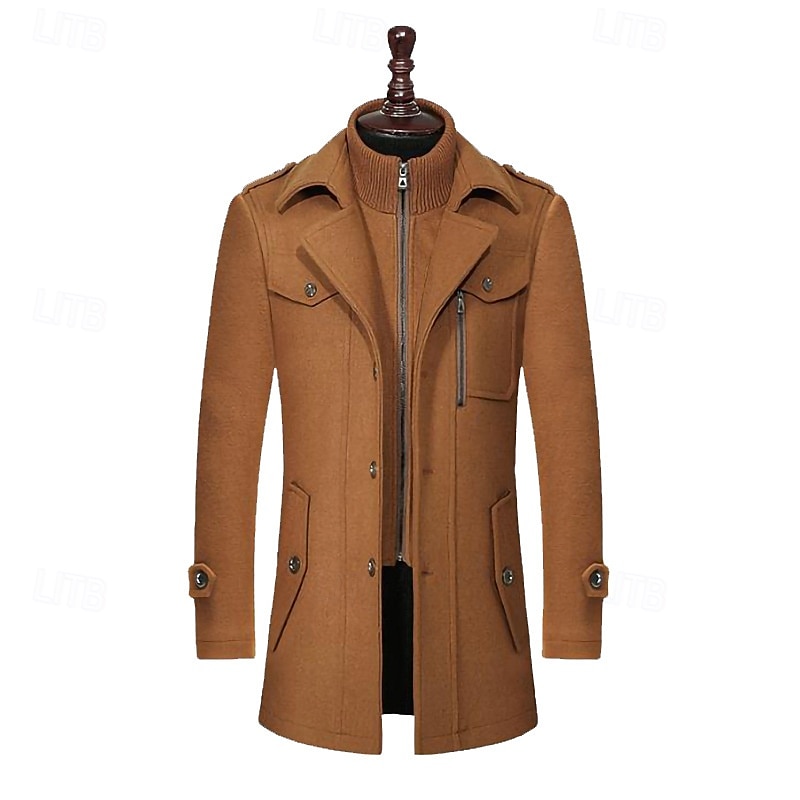 Herr Vindtät jacka Yllekappa Trenchcoat Dagligen Semester Höst vinter Ylle Håller värmen Vindtät Ytterkläder Kläder Mode Klassisk Slät Ficka Kavajslag Enkelknäppt 2025 - $69.99 –P1