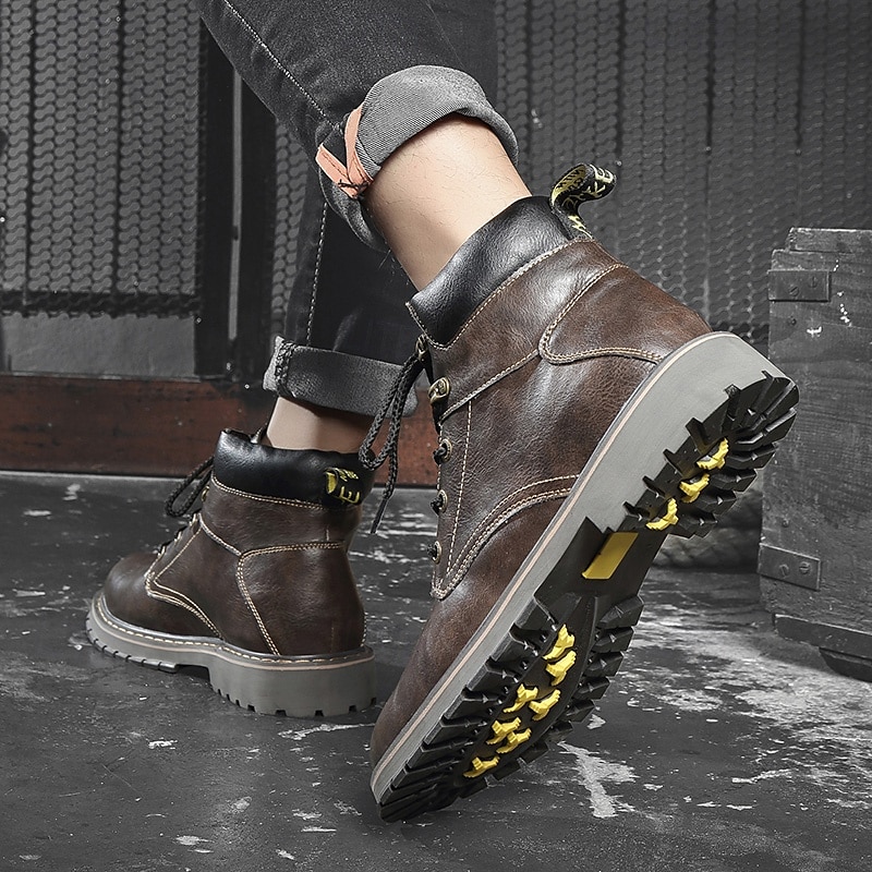 Men's Brown Leather Work Boots, Durable Lace-Up Ankle Boots with Rugged Sole, Perfect for Outdoor Activities, Construction, and Casual Wear 2025 - $79.99 –P6