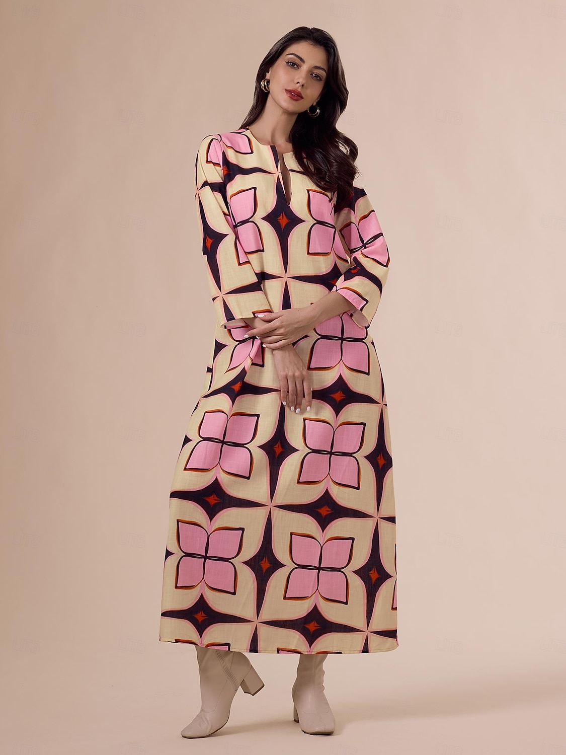Per donna Largo Abito Stampato Abito Largo Abito maxi Rosa Manica 3/4 Geometrico Stampa Primavera & Autunno Autunno colletto dentellato Bohemien Vintage Casual Quotidiano Vacanza Casa S M L del 2026 a $91.99 –P6