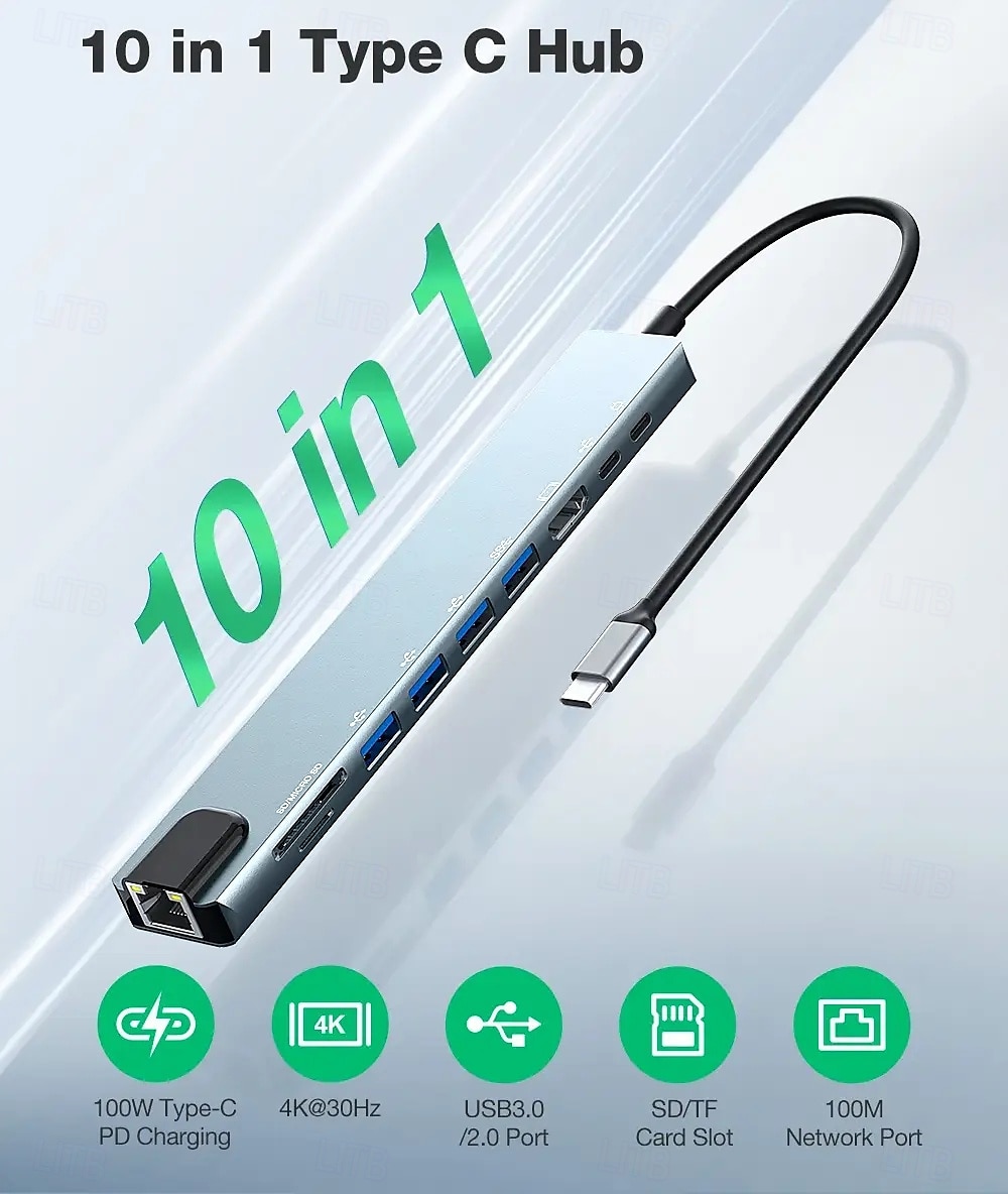 10-in-1-USB-Hubs mit HD 4K bei 30 Hz, USB 3.0, USB 2.0, Typ C 2.0, RJ45-Ethernet, 100 W PD-Ladefunktion, SD-/TF-Kartensteckplätze, Dockingstation 2025 - $23.99 –P1
