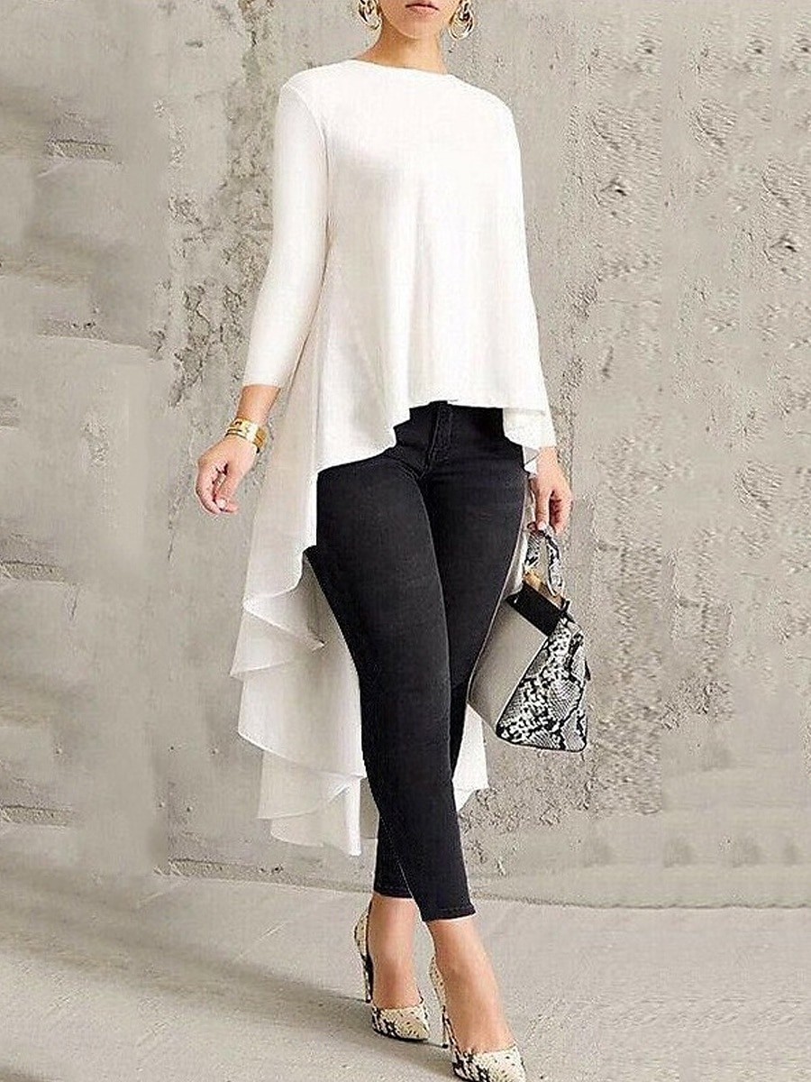 Femme Tunique Décontractées manche longue Col Ras du Cou Hauts réguliers du quotidien Imprimer Noir Blanche Printemps Automne de 2025 ? $26.99 –P1