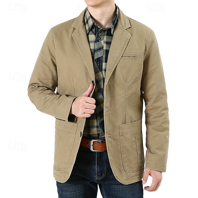 Herre Blazer Virksomhet Cocktailfest Bryllupsfest Mote Fritid Vår & Vinter 100 % bomull Helfarge Knapp Lomme Bekvem Enkeltkneppet Blazer Svart Grønn Kakifarget 2025 - $54.99 –P10