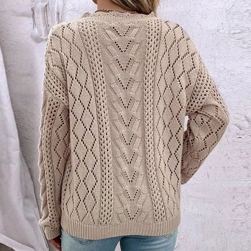 Dame Genser Pullover genser Fritid Geometrisk Heklet V-hals V-hals Langermet Vanlige topper Strikke utendørs Daglig Helg Hvit Kakifarget Høst Vinter 2025 - $35.99 –P3