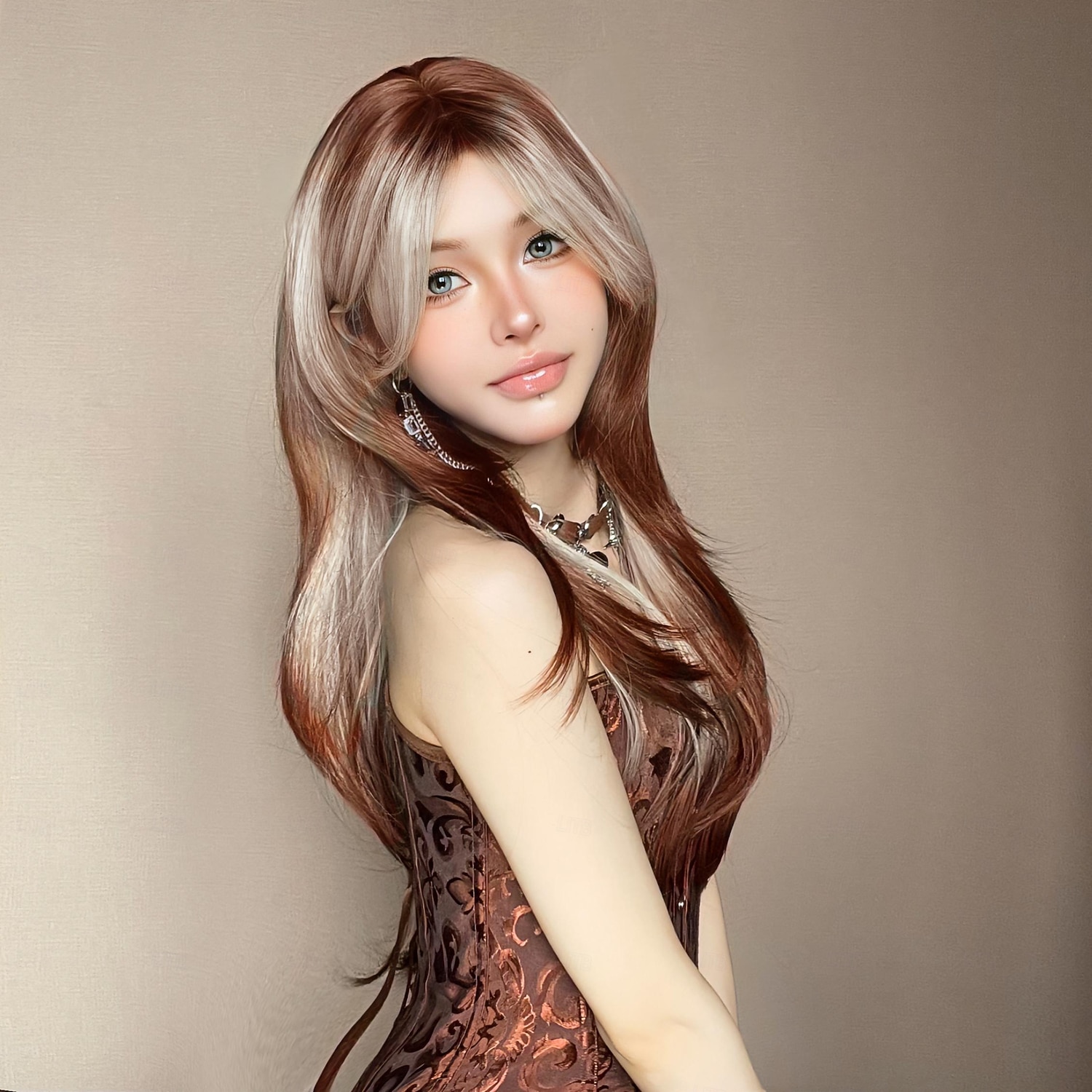 Synthetic Wig Straight kinky Straight Layered Haircut Neat Bang With Bangs Machine Made Wig 22 inch Brown / White Synthetic Hair Women's Cute Cosplay Party Mixed Color 2026 - $29.99 –P2