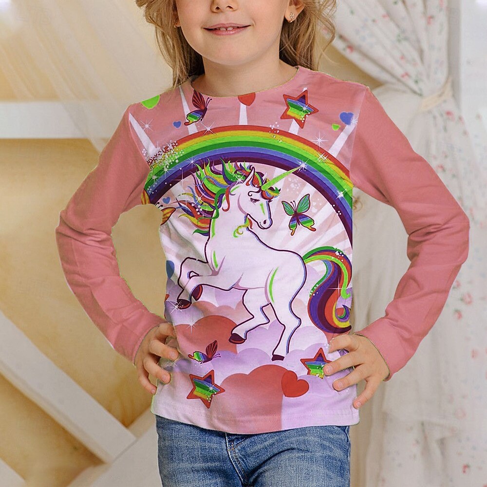 Flickor 3D Grafisk Enhörnings T-shirt Långärmad Vår Höst Mode Grundläggande Barn 4-12 år Rund hals Utomhus Ledigt Dagligen Normal 2025 - $13.99 –P4