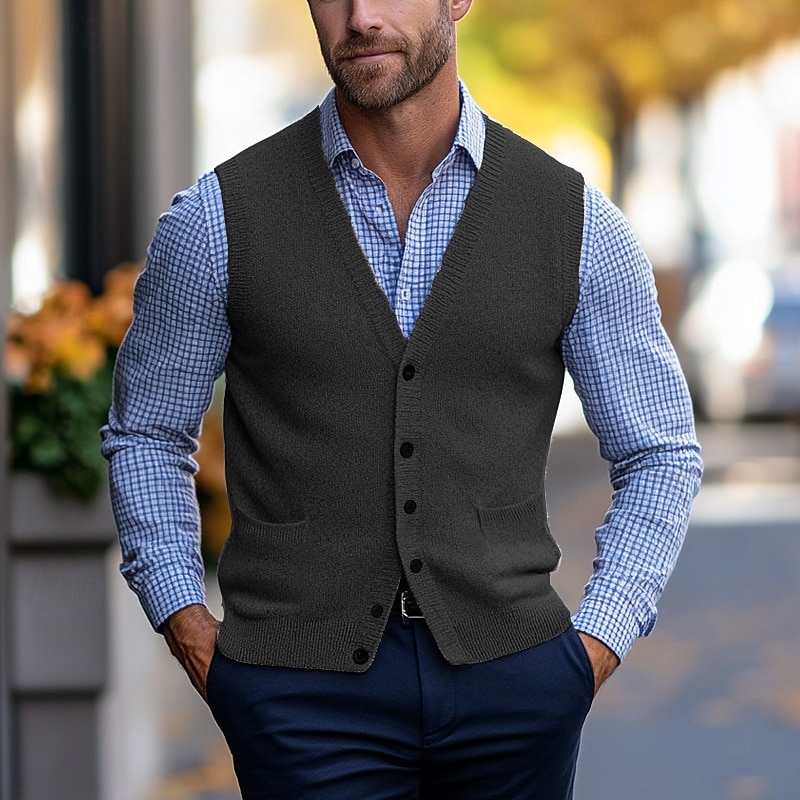 Herren Pullunder Strickjacke Kurz gestrickt Stricken Standard Tasche Feste Farbe V Ausschnitt Elegant Vintage Heim Arbeit Bekleidung Frühling Herbst Dunkelmarine Braun M L XL 2025 - $30.99 –P7