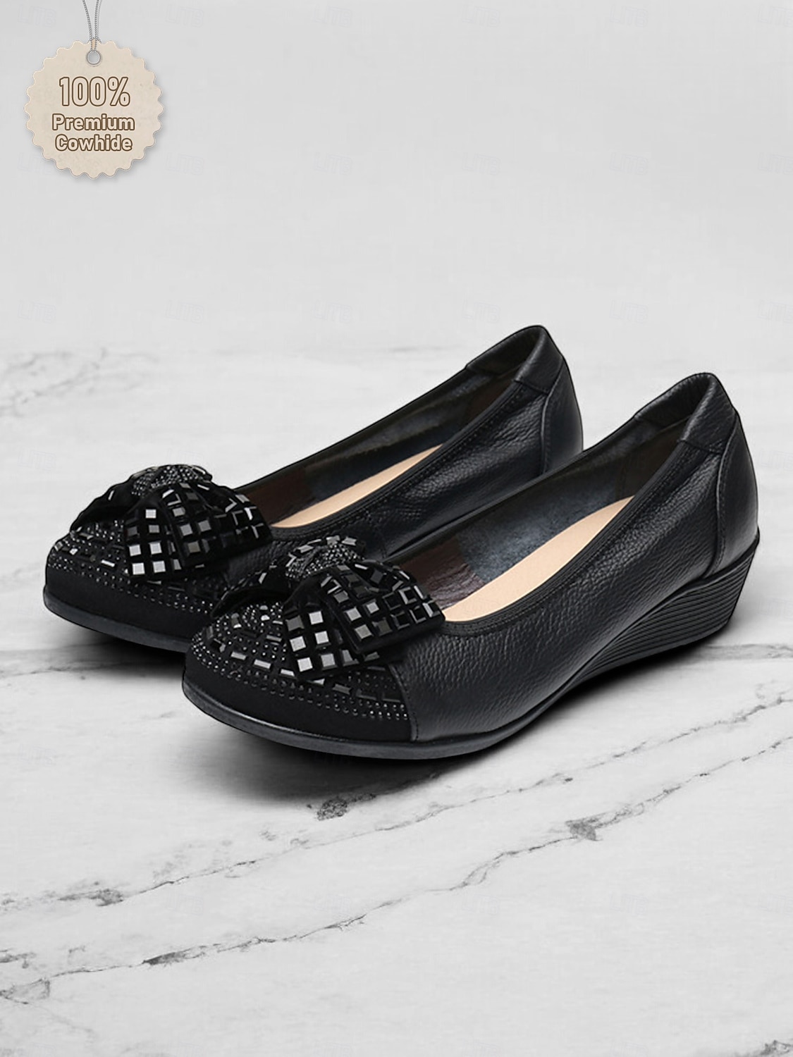 Women's Leather Wedge Flats with Decorative Bow and Embellished Toe – Comfortable Casual Slip-On Shoes for Everyday Wear 2025 - $46.99 –P2