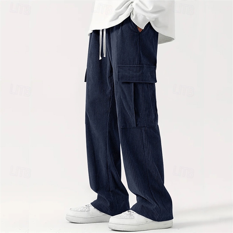 Men's Cargo Pants Corduroy Pants Trousers Straight Leg Sweatpants Elastic Waist Drawstring Multi Pocket Plain Wearable Outdoor Daily Camping & Hiking Fashion Classic Black Army Green 2025 - GBP £19.65 –P4