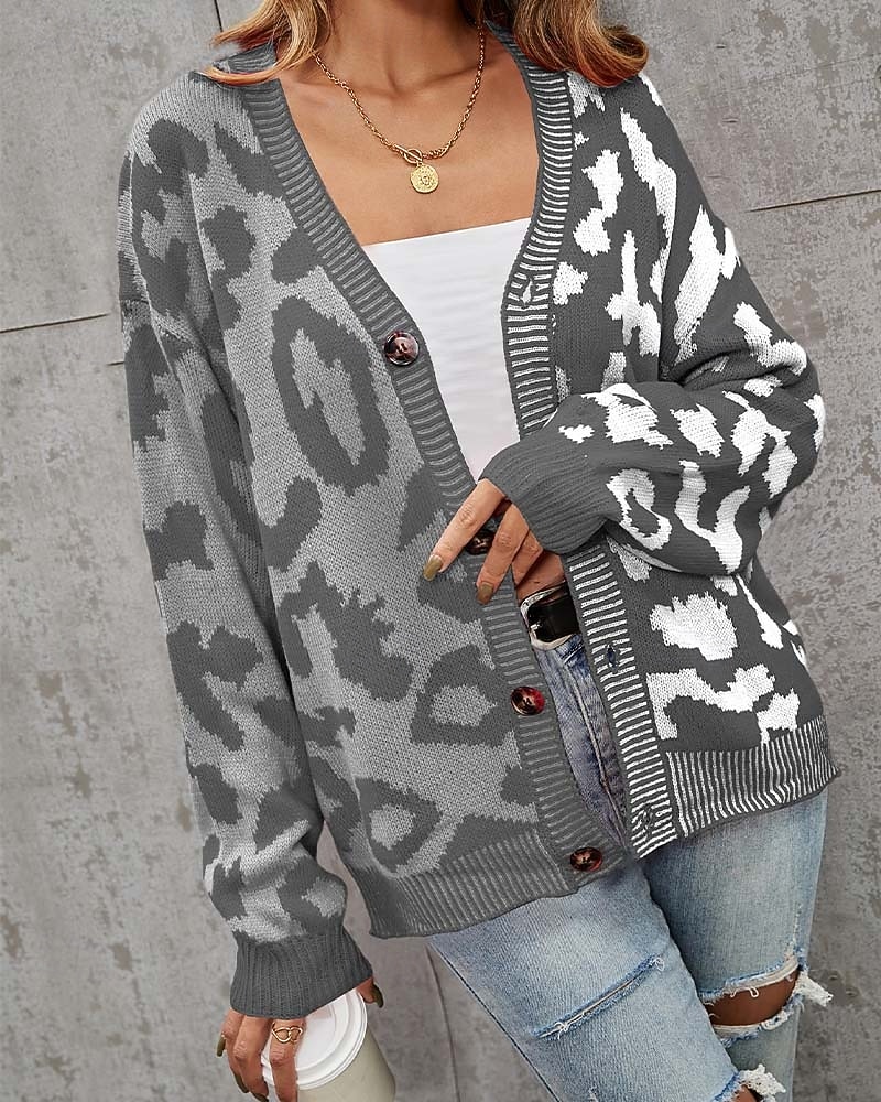 Damen Strickjacke Modisch Täglich Brautkleider schlicht Leopard Farbblock Bedruckt Öffnung vorne Strick Langarm Normale Oberteile Stricken Formal Heim Rote Braun Herbst Winter 2025 - $37.99 –P4