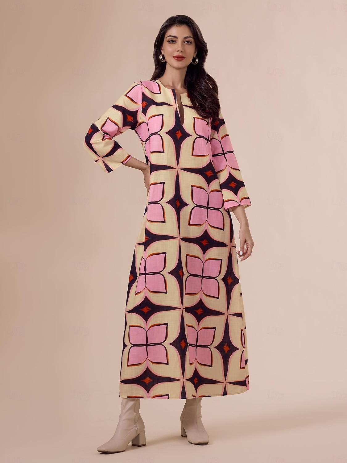 Per donna Largo Abito Stampato Abito Largo Abito maxi Rosa Manica 3/4 Geometrico Stampa Primavera & Autunno Autunno colletto dentellato Bohemien Vintage Casual Quotidiano Vacanza Casa S M L del 2026 a $91.99 –P4