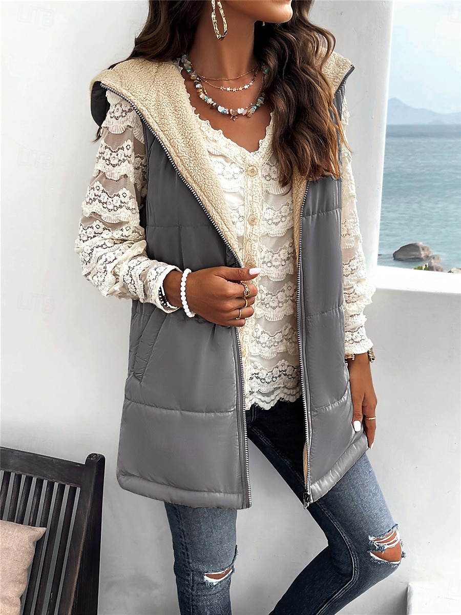 Damen Fleecejacke Fleece-Weste Teddy-Mantel warm halten Atmungsaktiv Zip Tasche Innenfutter aus Fleece Brautkleider schlicht Glatt Urlaub Strasse Freizeitskleidung Ausgehen Reisverschluss Standard 2025 - $62.99 –P9