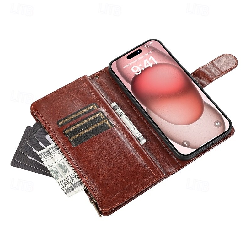 Phone Case For iPhone 16 Pro Max Plus iPhone 15 Pro Max Plus iPhone 14 13 12 11 Pro Max Mini SE X XR XS Max 8 7 Plus Back Cover with Stand Holder Zipper with Wrist Strap Retro TPU PU Leather 2025 - $17.99 –P11