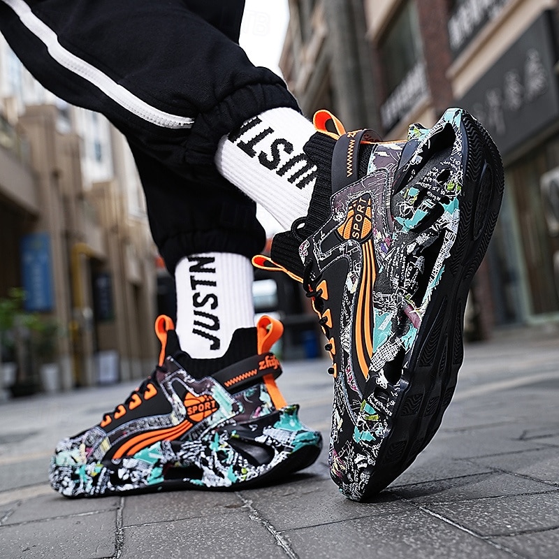 sneakers alte da uomo con motivo graffiti – scarpe sportive streetwear colorate con chiusura con lacci, tomaia in mesh traspirante per abbigliamento casual e sportivo del 2026 a $64.99 –P3