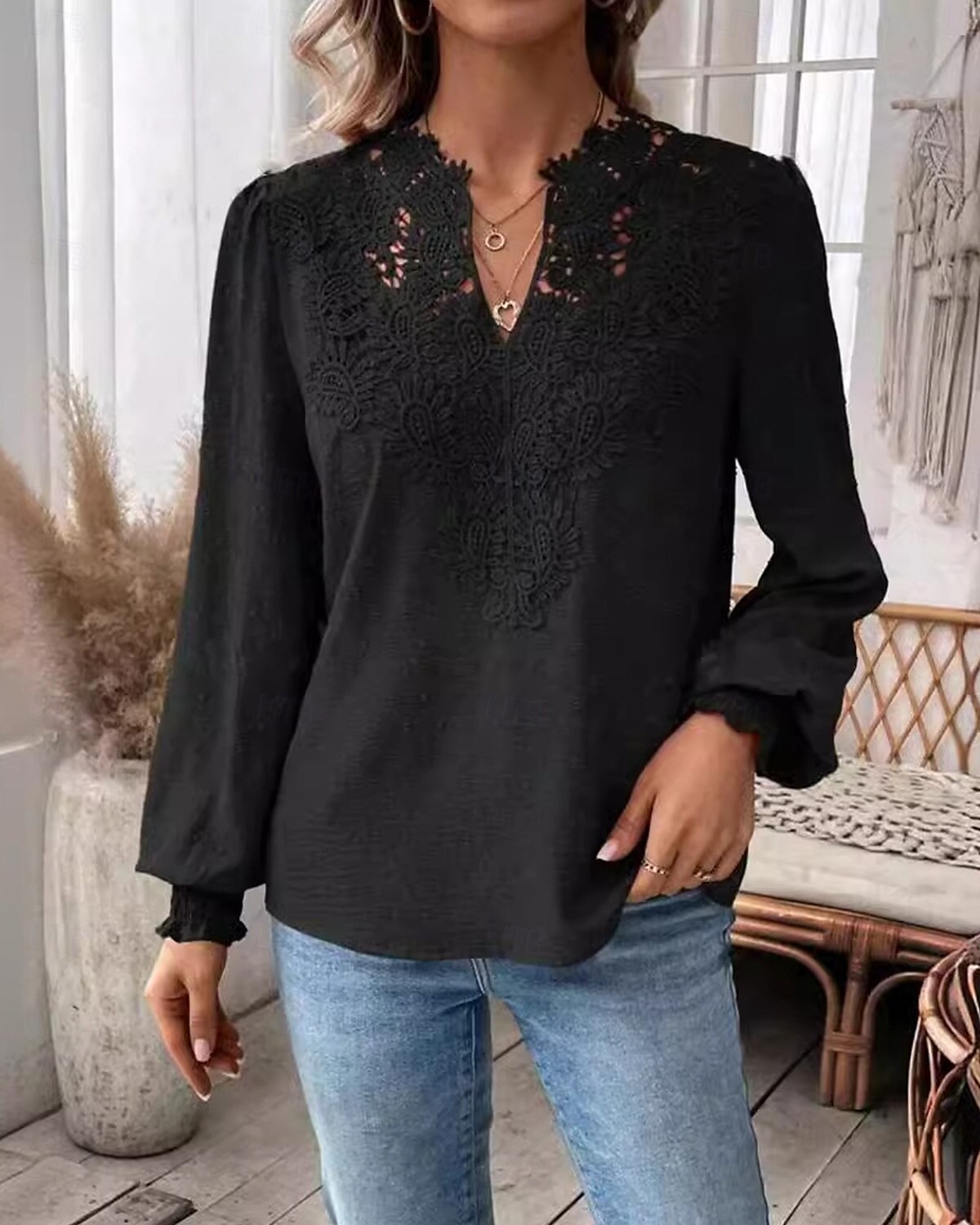 Women's Lace Shirt Stylish Lace Long Sleeve Regular Tops V Neck Work Black Fall Winter 2025 - $21.99 –P2