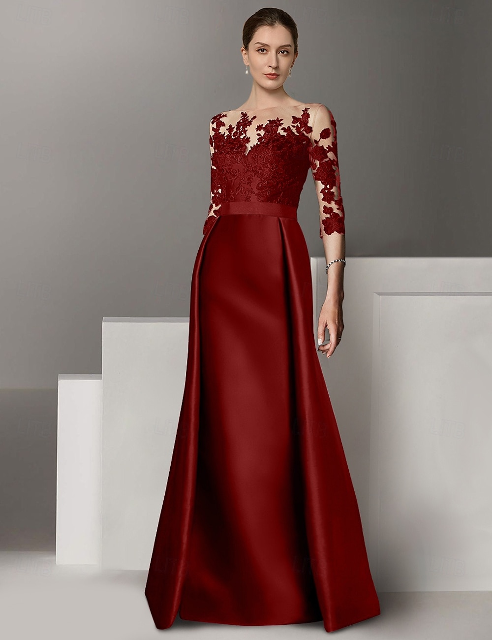 Ä-Linie Abendkleid Elegantes Kleid Hochzeitsgästin Sweep Brush Zug Langarm Rundhals Stretch-Satin mit Applikationen 2025 2025 - $181.99 –P5