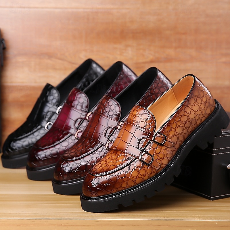 Mocassins en similicuir marron à motif crocodile pour hommes avec double boucle et semelle robuste – chaussures habillées haut de gamme pour les occasions formelles et décontractées de 2025 ? $54.99 –P1