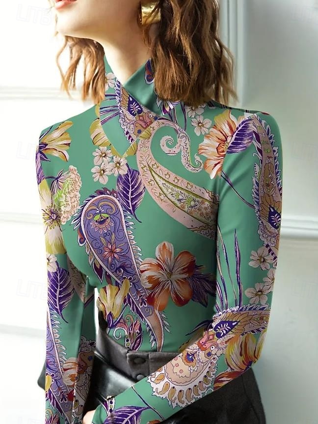 Women's Tunic T Shirt Elegant Bohemia Ethnic Long Sleeve Regular Tops Turtleneck Vacation Going out Green Fall Winter 2025 - $24.99 –P3