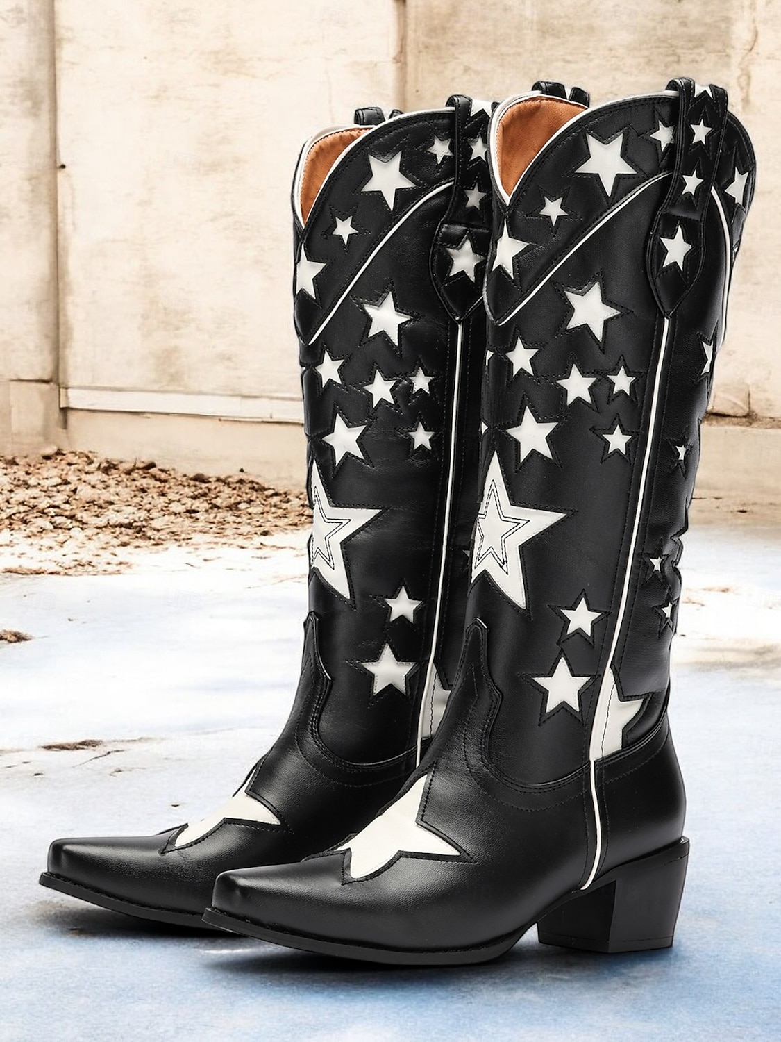 czarne, kowbojskie buty w stylu western z wzorem w gwiazdy i białymi kontrastowymi zdobieniami – stylowe buty ze sztucznej skóry do rodeo, stylu country i na co dzień 2025 - $84.99 –P1