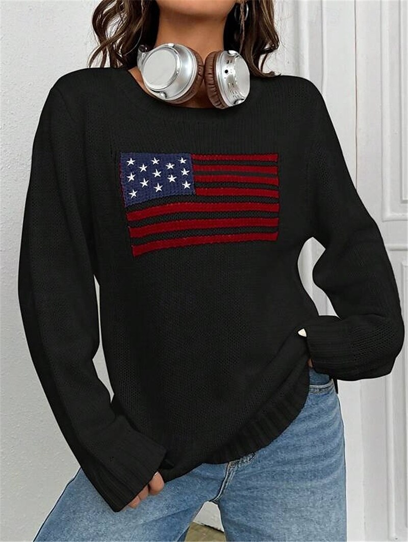 Women's Sweater Daily Stylish Casual Graphic Crew Neck Crewneck Long Sleeve Regular Tops Knit Going out Black White Fall Winter 2025 - $44.99 –P9