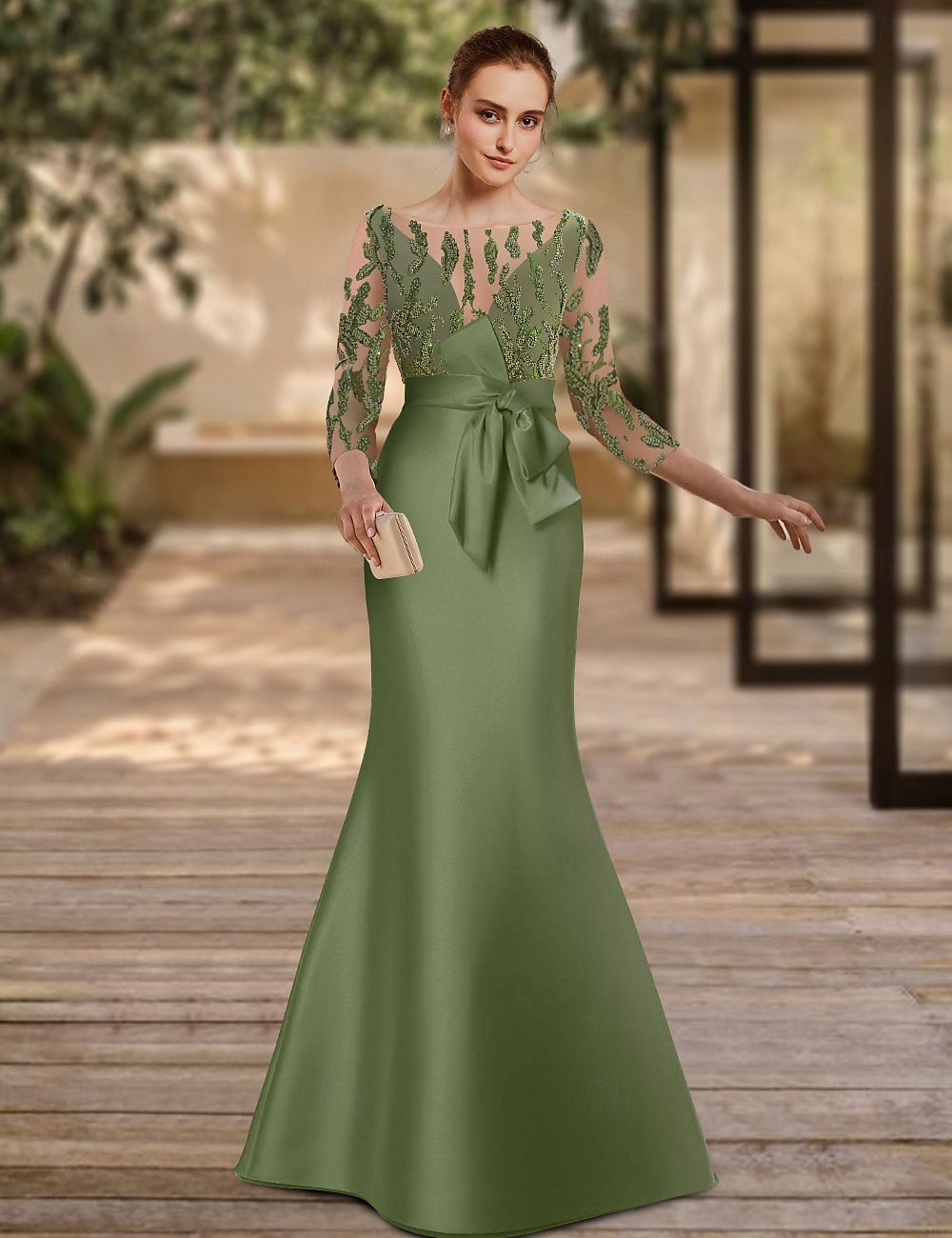 Green Mermaid Evening Gown Elegant Dress Formal Floor Length 3/4 Length Sleeve Illusion Neck Satin with Appliques 2025 - $188.99 –P1