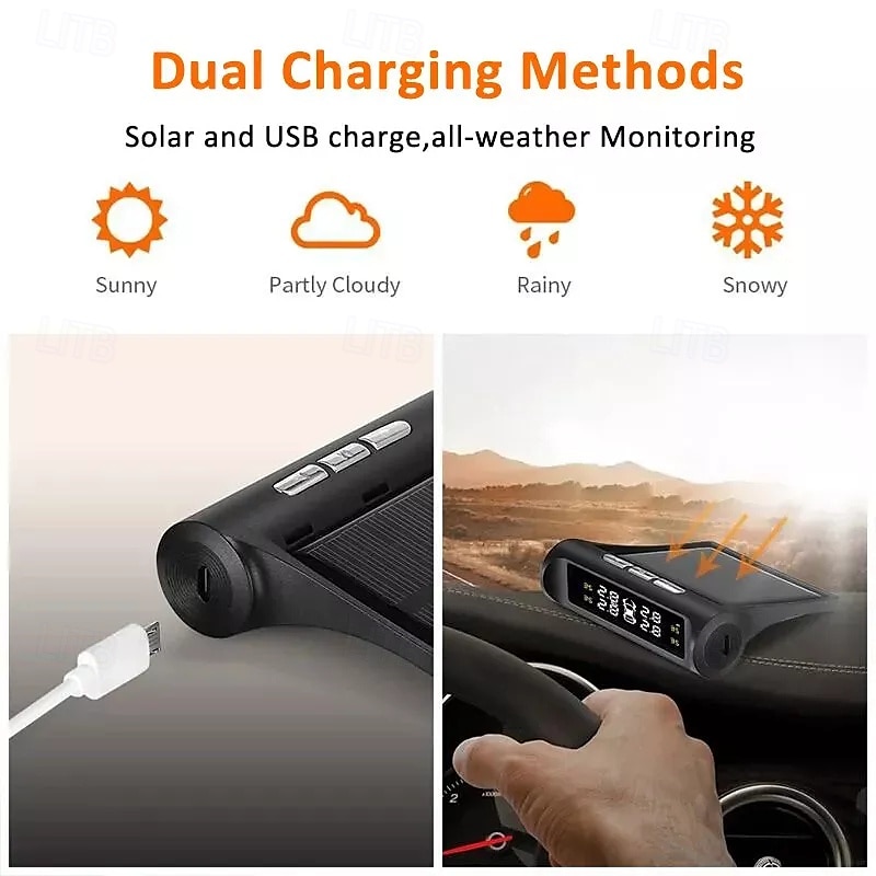 monitor de presiune a anvelopelor de mașină fără fir mașină tpms sistem de monitorizare a presiunii în anvelope a energiei solare afișaj digital lcd usb alarmă de securitate auto anvelope senzor 2025 - $52.99 –P2
